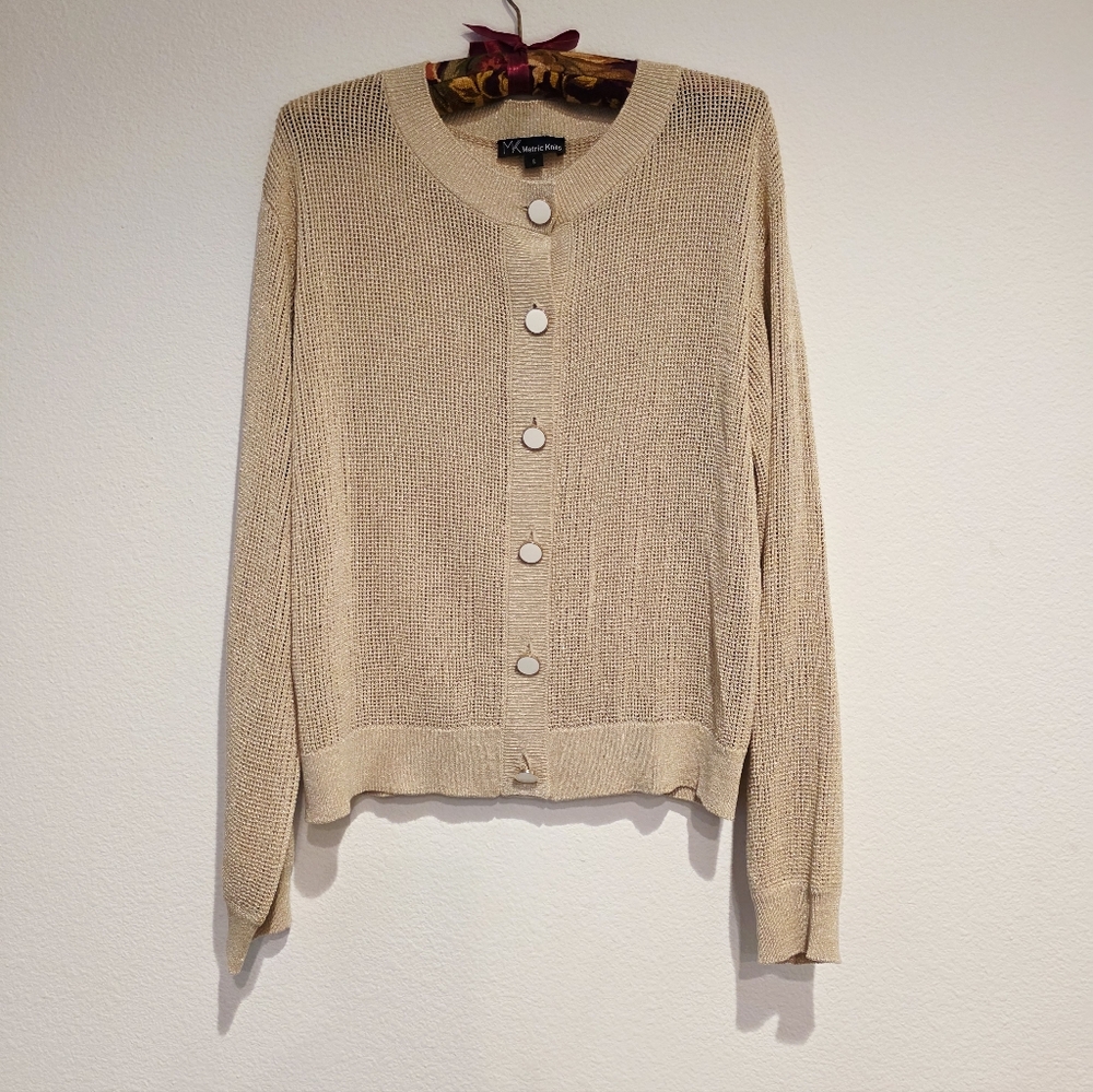 Metric Knit Cardigan Ribbed Sand Color Vowened Shimmery Gold Thread Small New